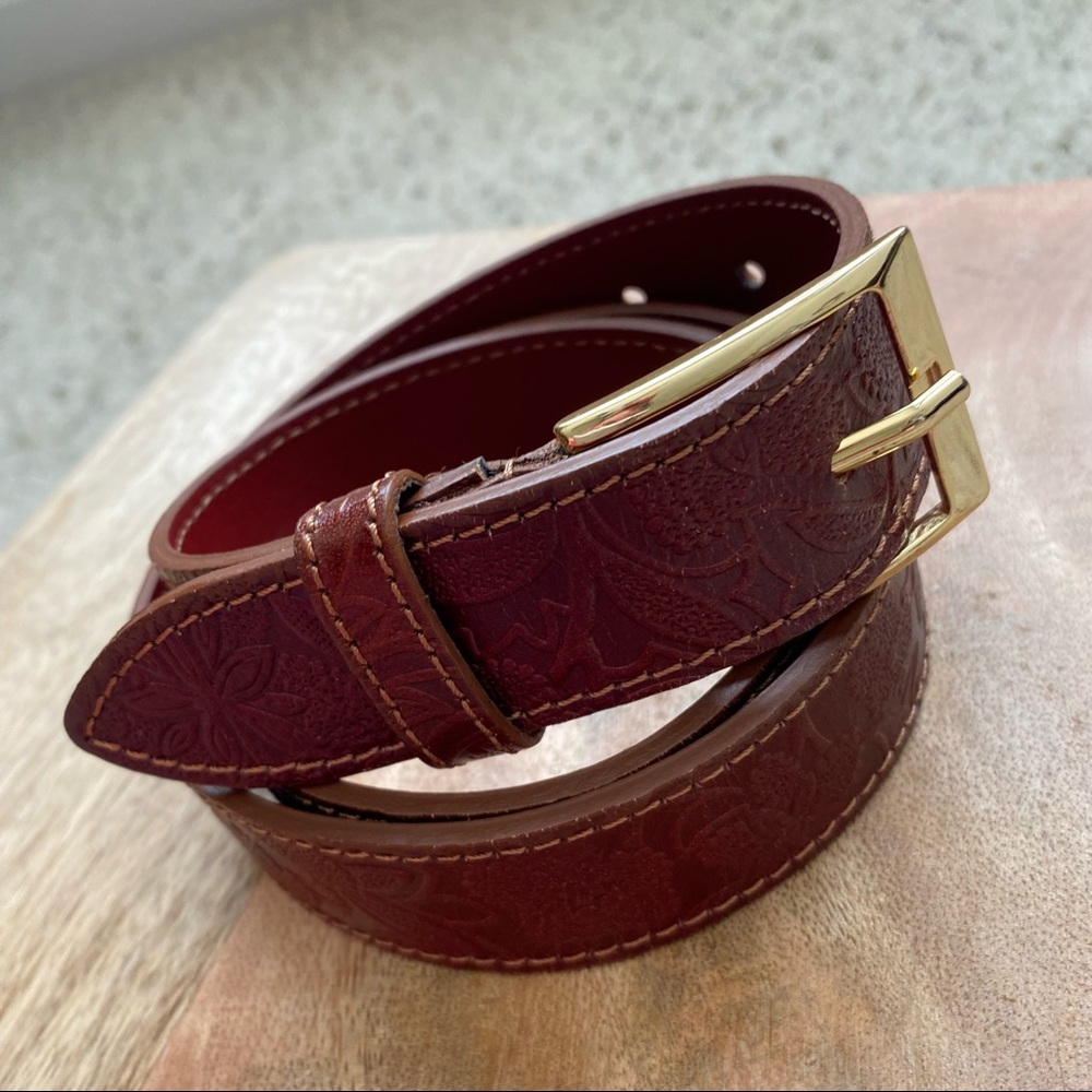 A. Bellucci Italia Genuine Leather Belt; Floral Design w Gold Tone Square Buckle